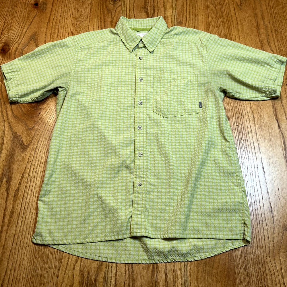 Simms Men's Medium Button Shirt Green Check Plaid‎ Outdoors Tartan Mens